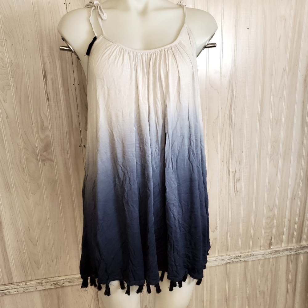 Saint tropez  Size L Blue Ombre Shift Dress Tie Straps Fringe Flowy Beach Boho